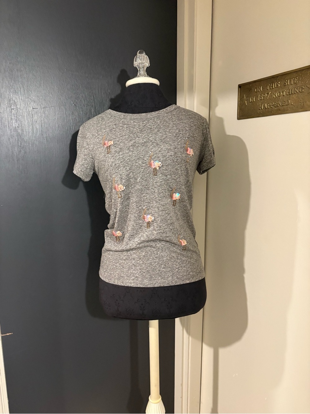 J. Crew Gray Cotton Blend Short-Sleeve Tee with Sequin Ostriches Embellishments💜